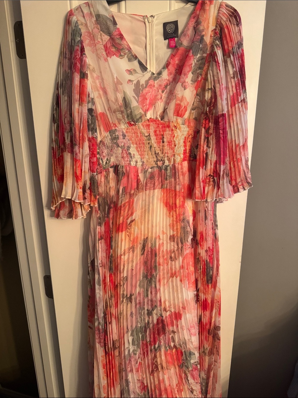 Vince Camuto Coral, Cream & Pink Pleated Floral Maxi Dress